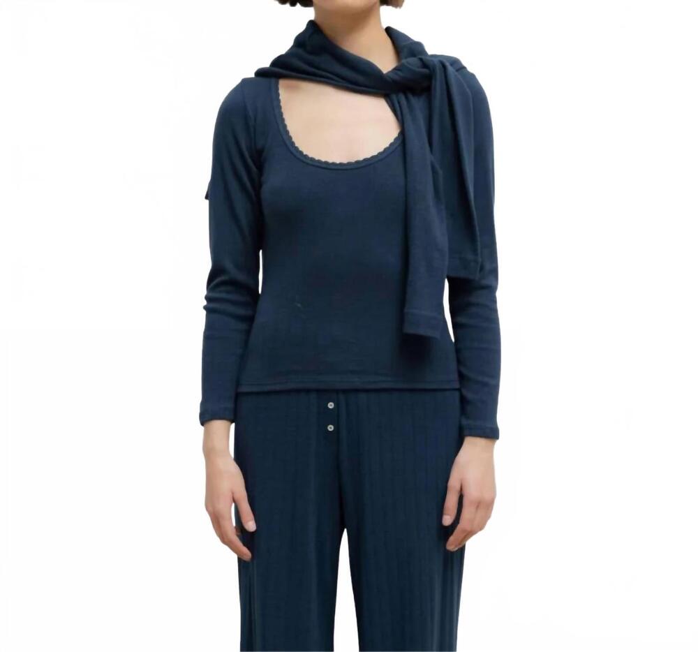 NEW LESET pointelle long-sleeve scoop neck top in midnight
